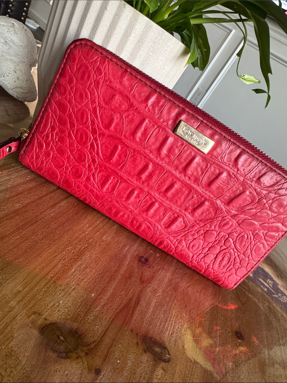 kate spade Red Croc-Embossed Zip Wallet